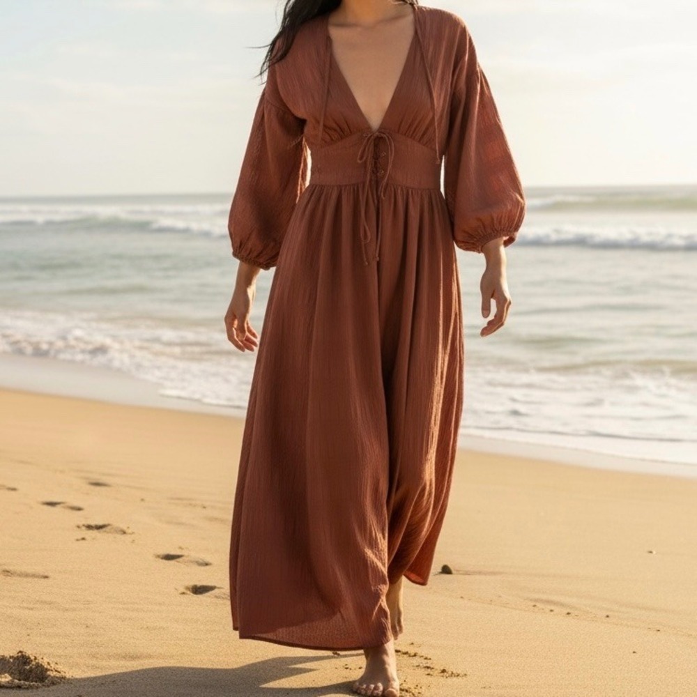 Tall Rust Brown Crinkle Lace Up Maxi Dress ASOS Balloon Sleeve US 4 Boho Indie